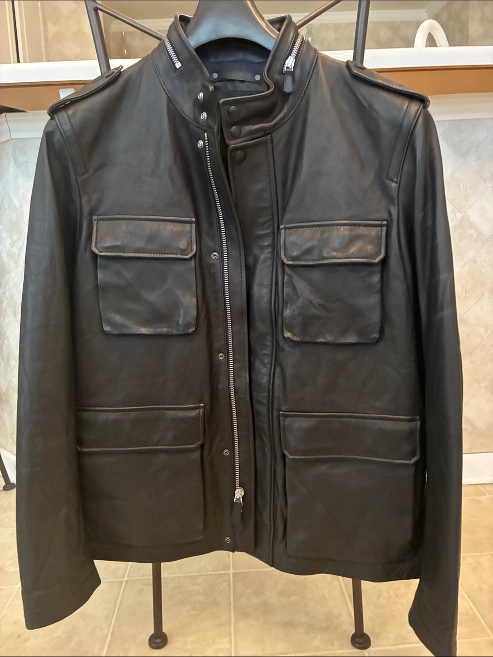 Coach Black Leather Military Field Jacket with Flap Pockets